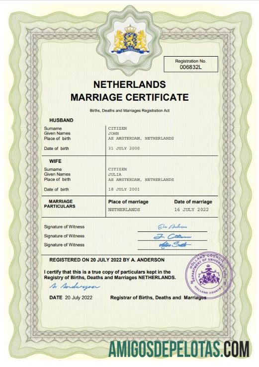 Imprimível modelo Word e PDF de certidão de casamento holandesa